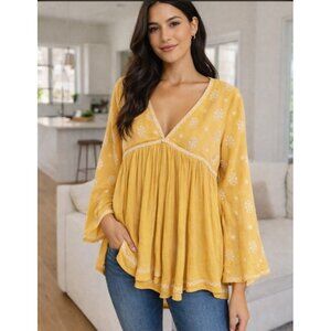 Fate Yellow Embroidered Bell Sleeve Top Boho Top Babydoll Loose Size Small